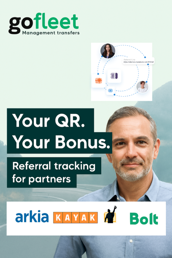 Graphic illustrating referral tracking for partners with QR code and partner logos including Arkia, Kayak, and Bolt.