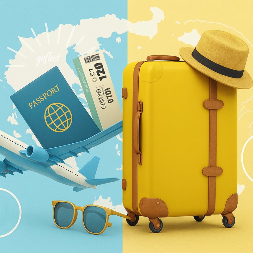 Yellow suitcase with brown straps, sunglasses, a passport, and a boarding pass on a blue and yellow background.