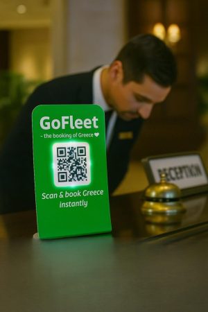 Green GoFleet sign with a QR code for booking services at a hotel reception desk.