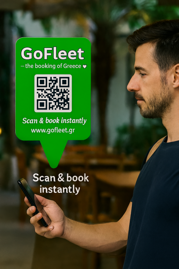 A man holding a smartphone with a QR code and GoFleet branding for instant booking.