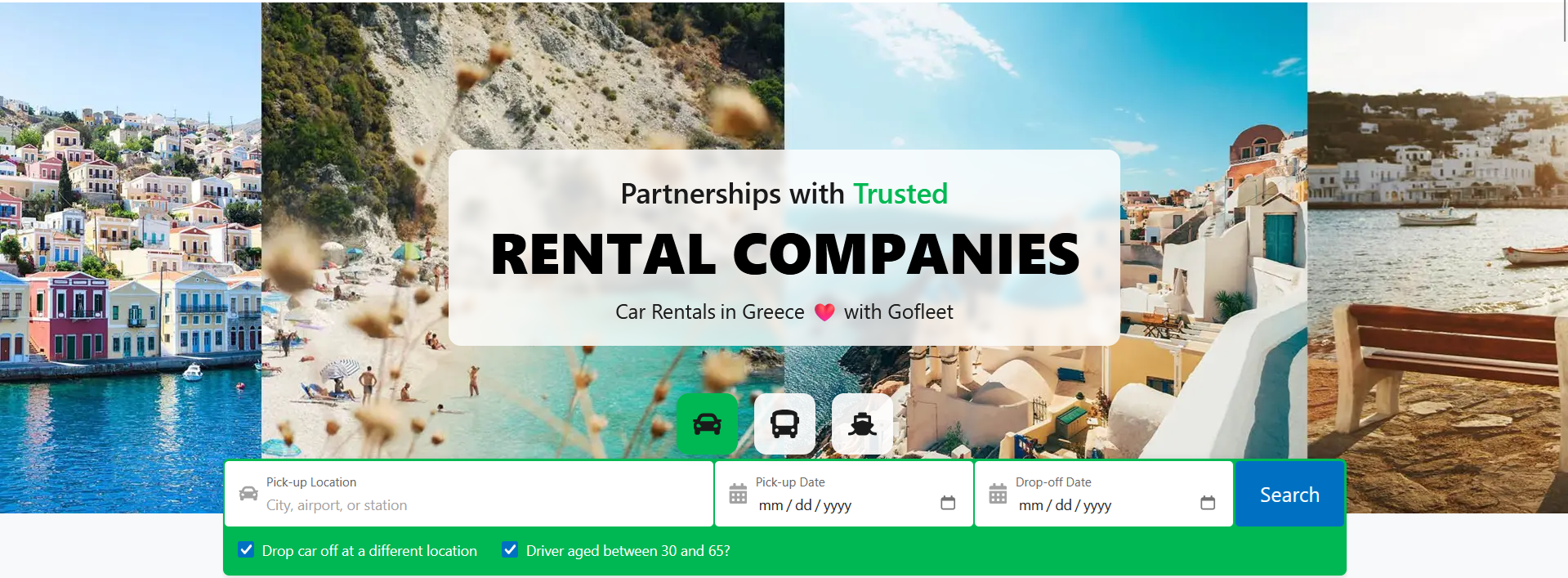 A promotional banner displaying car rental services in Greece with scenic backgrounds of coastal towns.