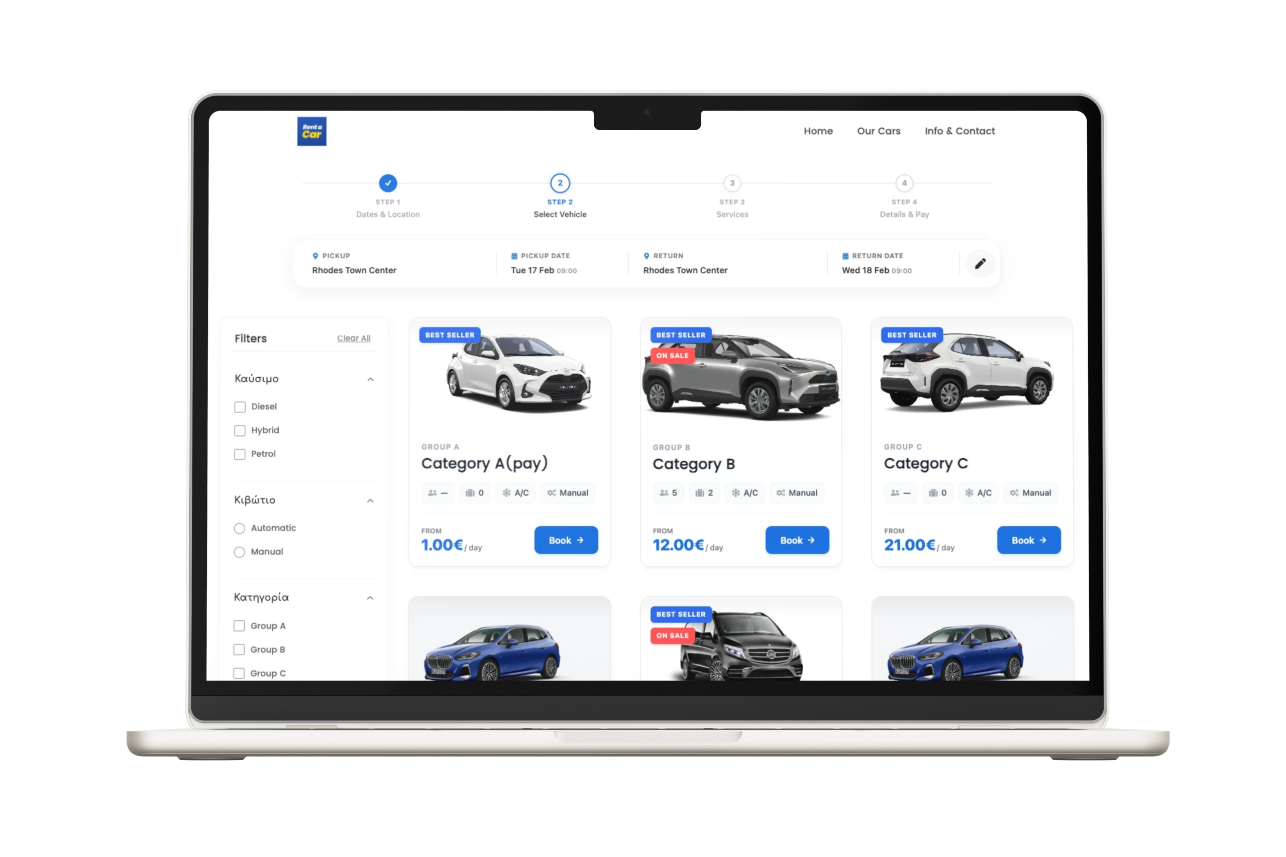MacBook displaying a fleet booking engine interface with various car categories and pricing options.